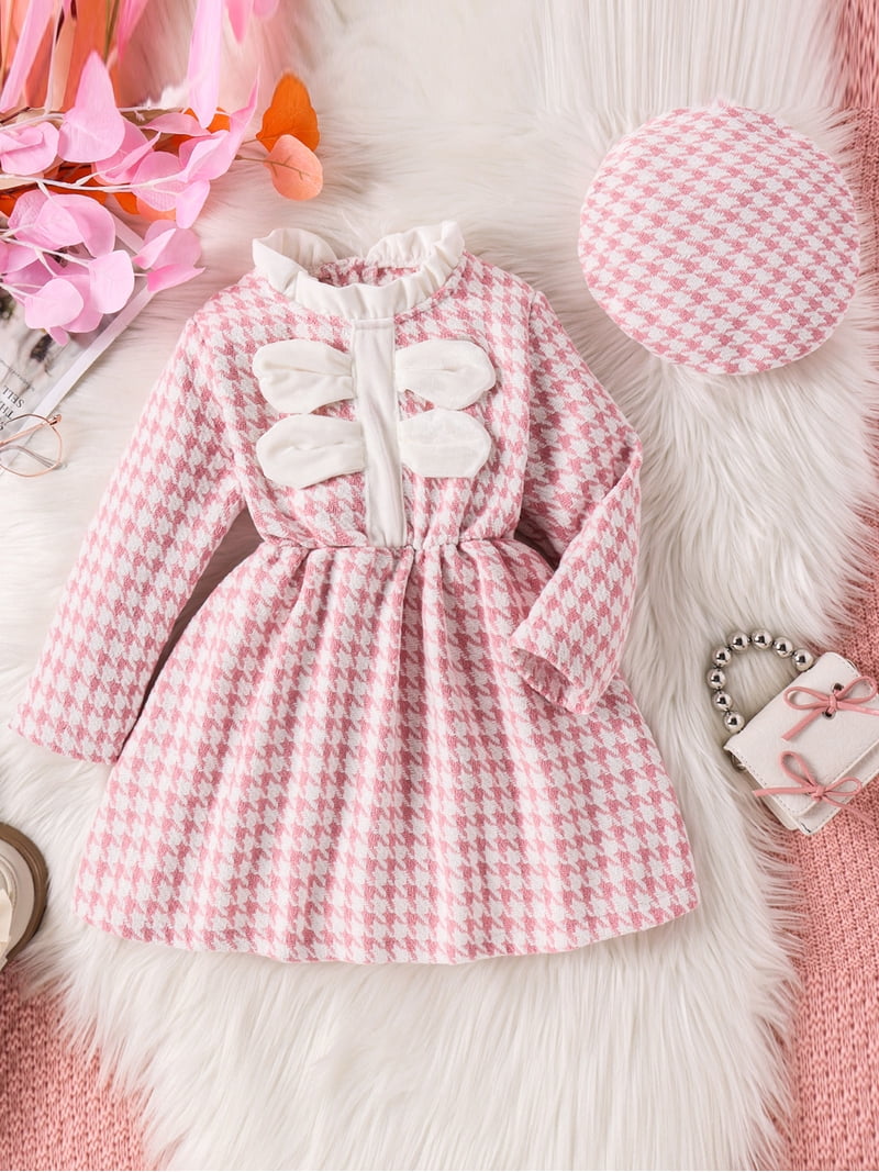 Liacowi Little Girl 2 Piece Dress Outfits Stand Collar Long Sleeve Pink  Houndstooth Print A-Line Dress + Beret Toddler Kids Girls Fall Birthday  Party ...