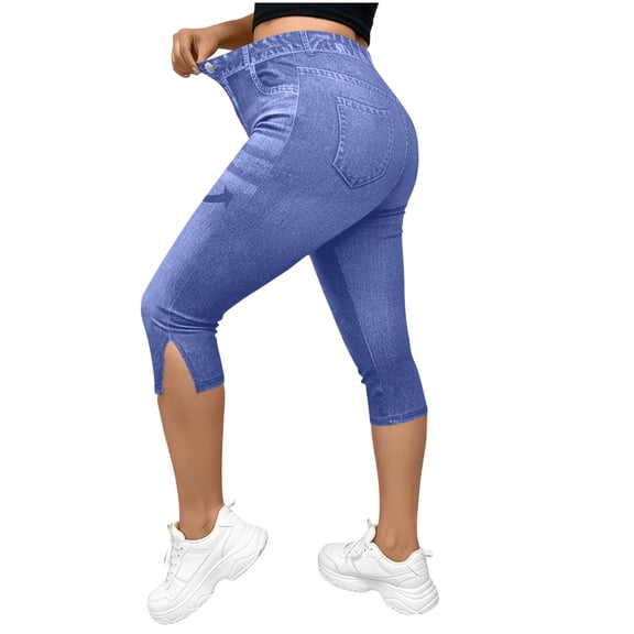 Women's Jean Leggings Capris with Slits Faux Denim Jeggings Stretch Soft High Waist Casual Yoga Capri Pants (XL, Blue)