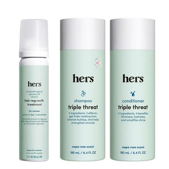 hers Triple Threat Shampoo, Conditioner and Minoxidil Set - Hair Loss Treatment for Women - Includes 5% Foam Minoxidil Treatment, Color Safe Hair Thickening Shampoo and C