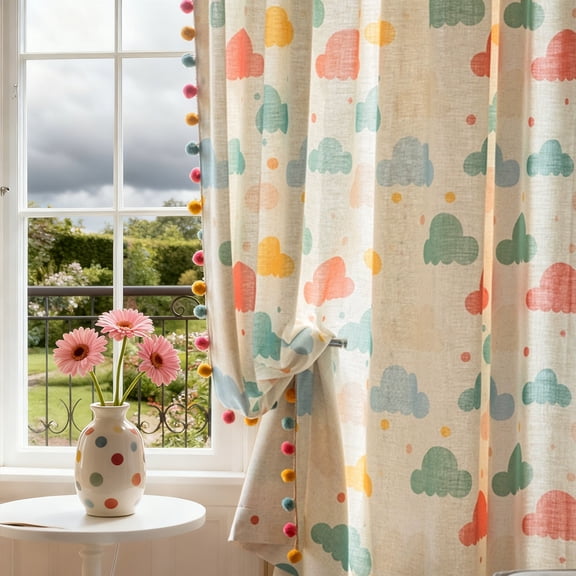 DONGPAI 2 Panels Sheer Curtains for Kids Room Cloud Print Nursery Window Drapes with Pom Poms, Linen Texture Light Filtering Drapes with Multi-Functional Heading for Girls Bedroom Playroom, 52" x 84"