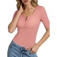 thumbnail image 2 of MOYIKO Womens Half Sleeve Summer Tops Henley Button Slim Fit Basic Casual T Shirts Fashion Clothing, 2 of 7