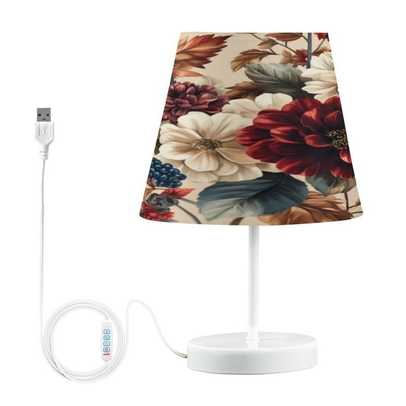 Bedside Table Lamp, Fully Dimmable Lamp with USB Interface Cable for Bedroom Living Room, Office, Dorm Burgundy Hydrangeas