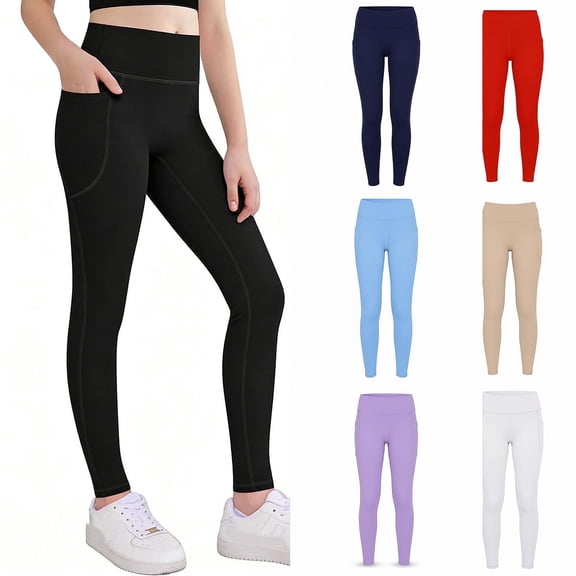 MAIHAN Girls High Waisted Yoga Pants with Pockets Flared Dance Running Workout Solid Color Leggings for Kids Soft Stretchy Activewear(Black,6-7 Years)