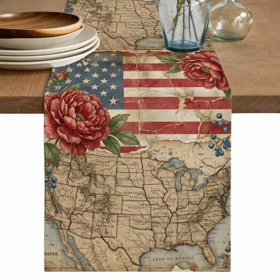 Distressed American Flag Table Runner 90 Inches, Vintage Rustic Merican Map Abstract Bed Runner Dresser Scarves Tabletop for Indoor Outdoor Parties/Ceremony/Banquet, 13" x 90"