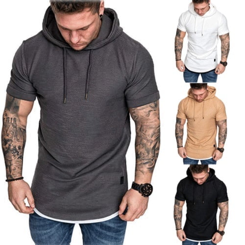 Mens Slim Fit Short Sleeve Shirts Hooded Muscle Tops Hoodie Casual Basic T-shirt 
