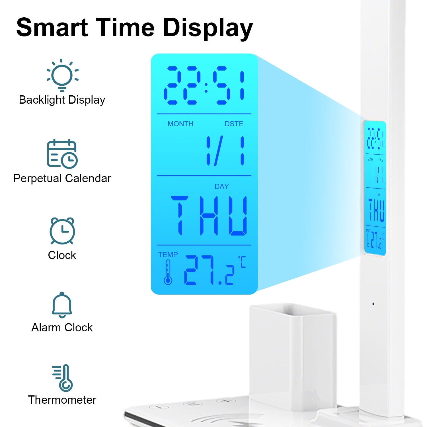 Desk Lamp, LED Desk Lamps for Home Office, Wireless Charger Touch Table Lamp with Pen Holder, Dimmable Office Desk Light with Clock, Alarm, Date, Temp, Foldable Lamp for Table Bedroom Office, White