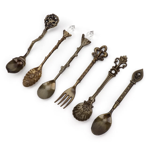 Juego De Cuchara Y Tenedor Retro De 6 Piezas, Accesorio De Cocina De Cubiertos De aleación De Zinc Vintage Con Exquisitos Patrones De Corte Europea, Para El