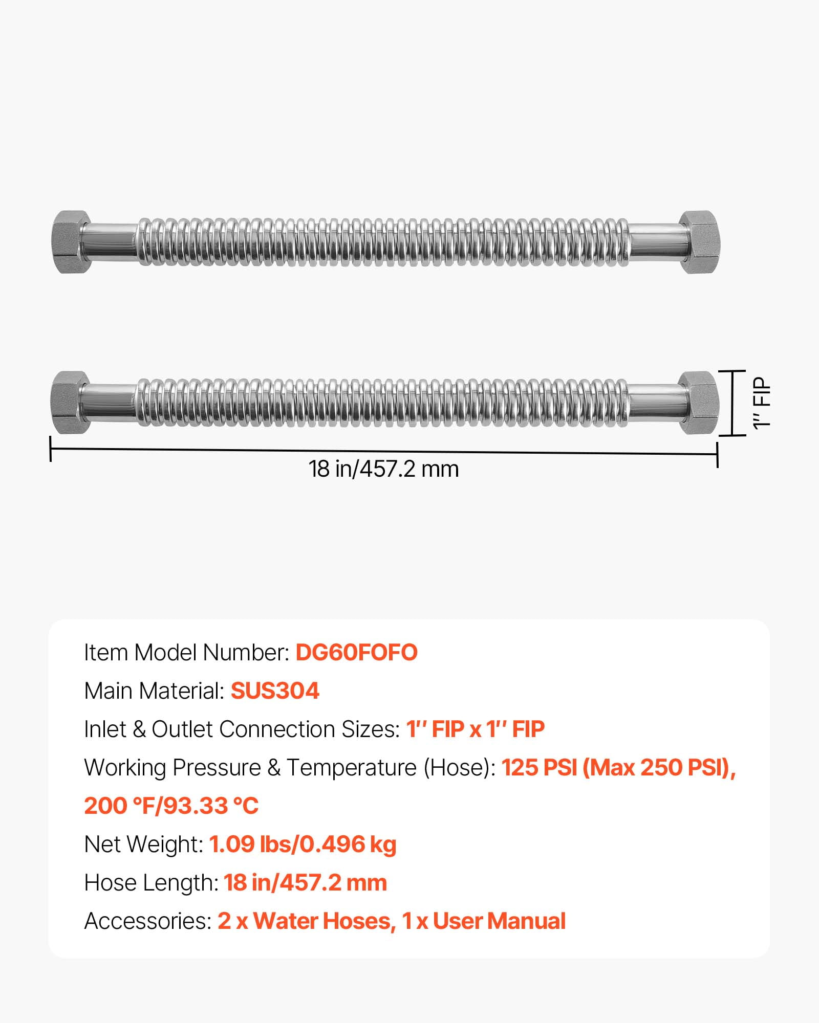 VEVOR Water Heater Kit, 18 Inch Length Water Heater Flex Connector, Waters Heaters Installation Kit with 1" FIP x 1" FIP Inlet & Outlet Connection for Bathroom, Kitchen, Laundry Room, Boiler Room