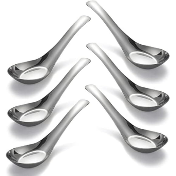 Set de 6 Cucharas de Sopa Asiáticas Acero Inoxidable Extra Grueso 13.8cm Pulido Espejo para Ramen y Postres