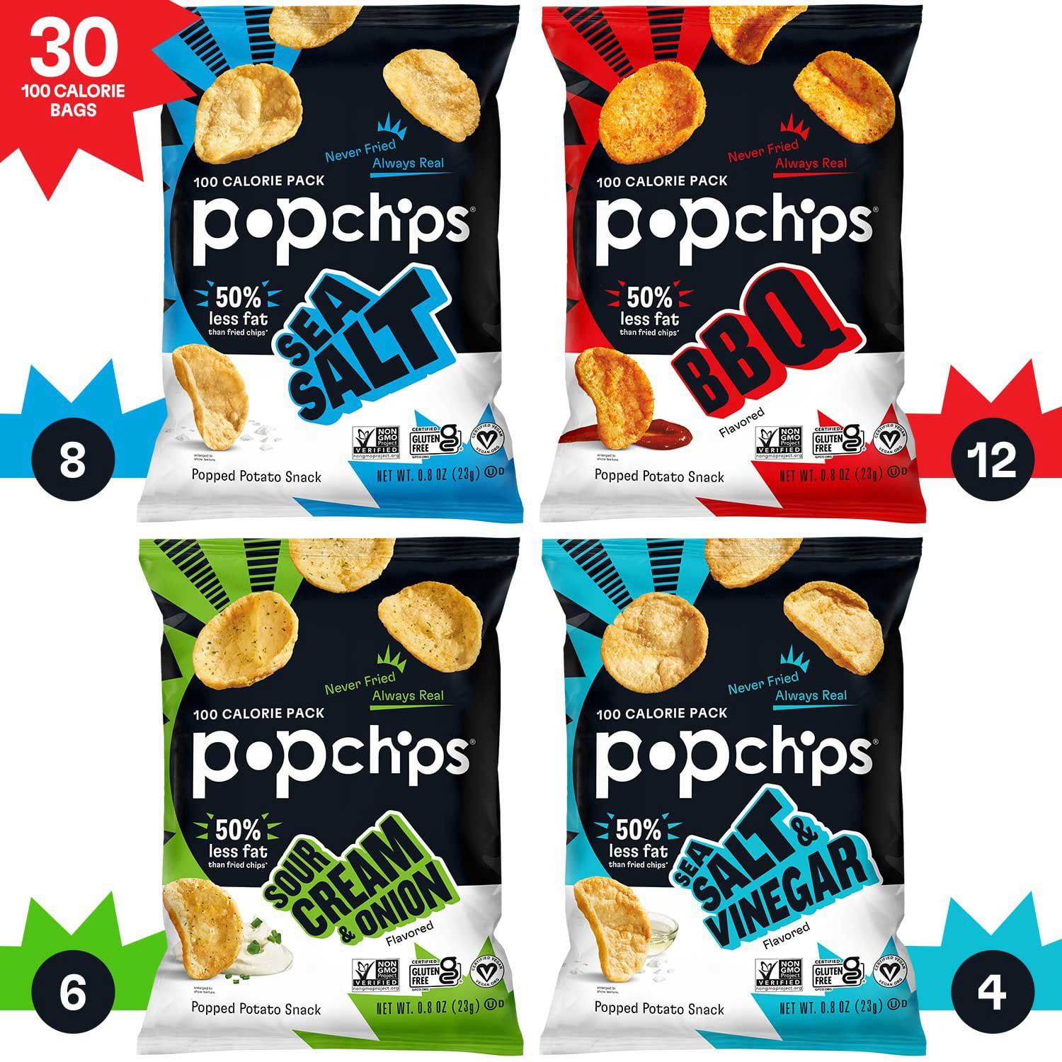 Popchips Variety Pack Air-Popped Chips, Healthy Snack Bags, 0.8 oz., 30 pk. With White Bowl By OMA