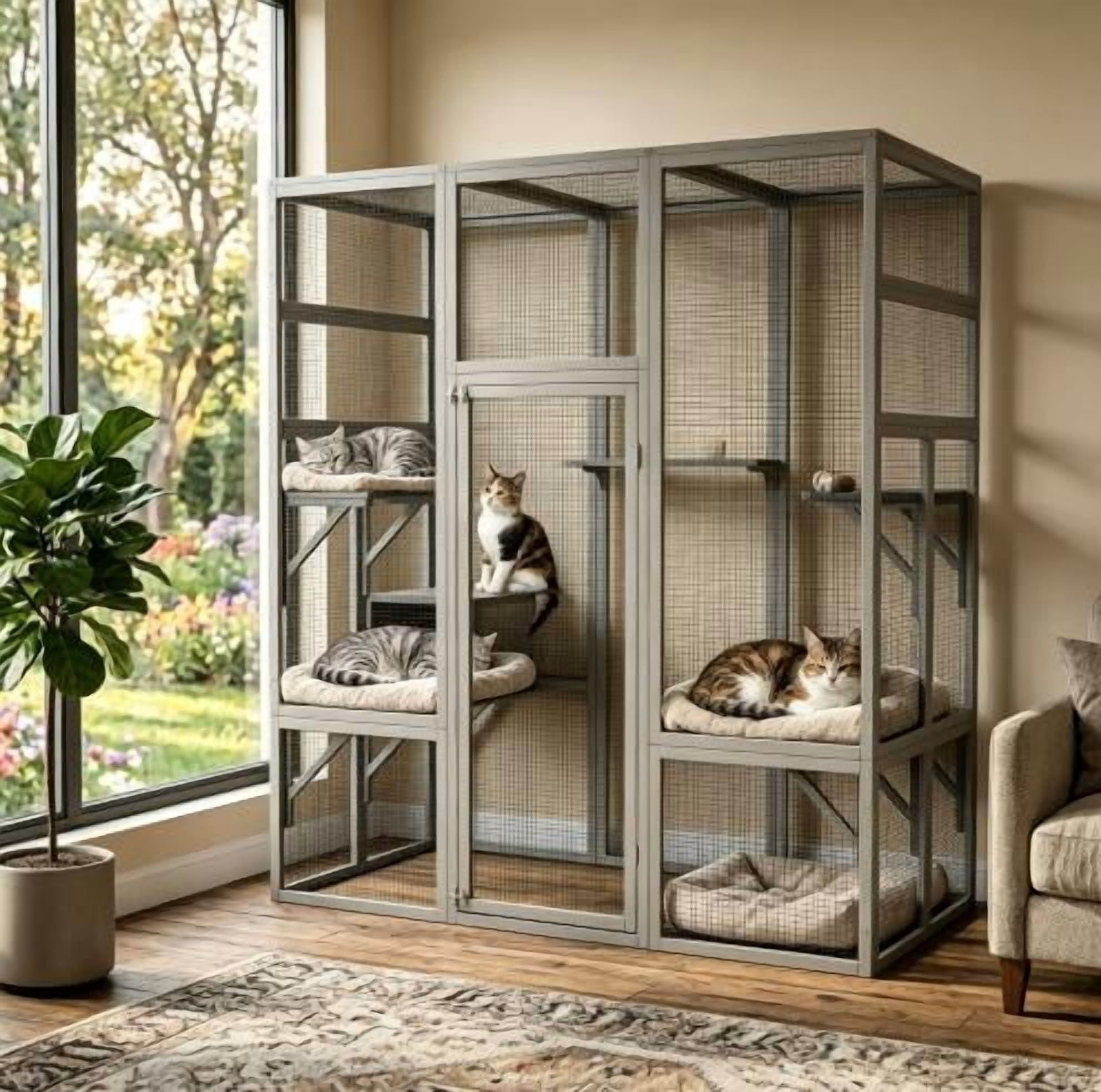 ZephyPaws 70in Outdoor Cat Catio Enclosures Large Wooden Cat House Patio for Indoor Cats Feral Cat Shelter with Espace Doors,2 Resting Rooms,5 Platforms,Gray