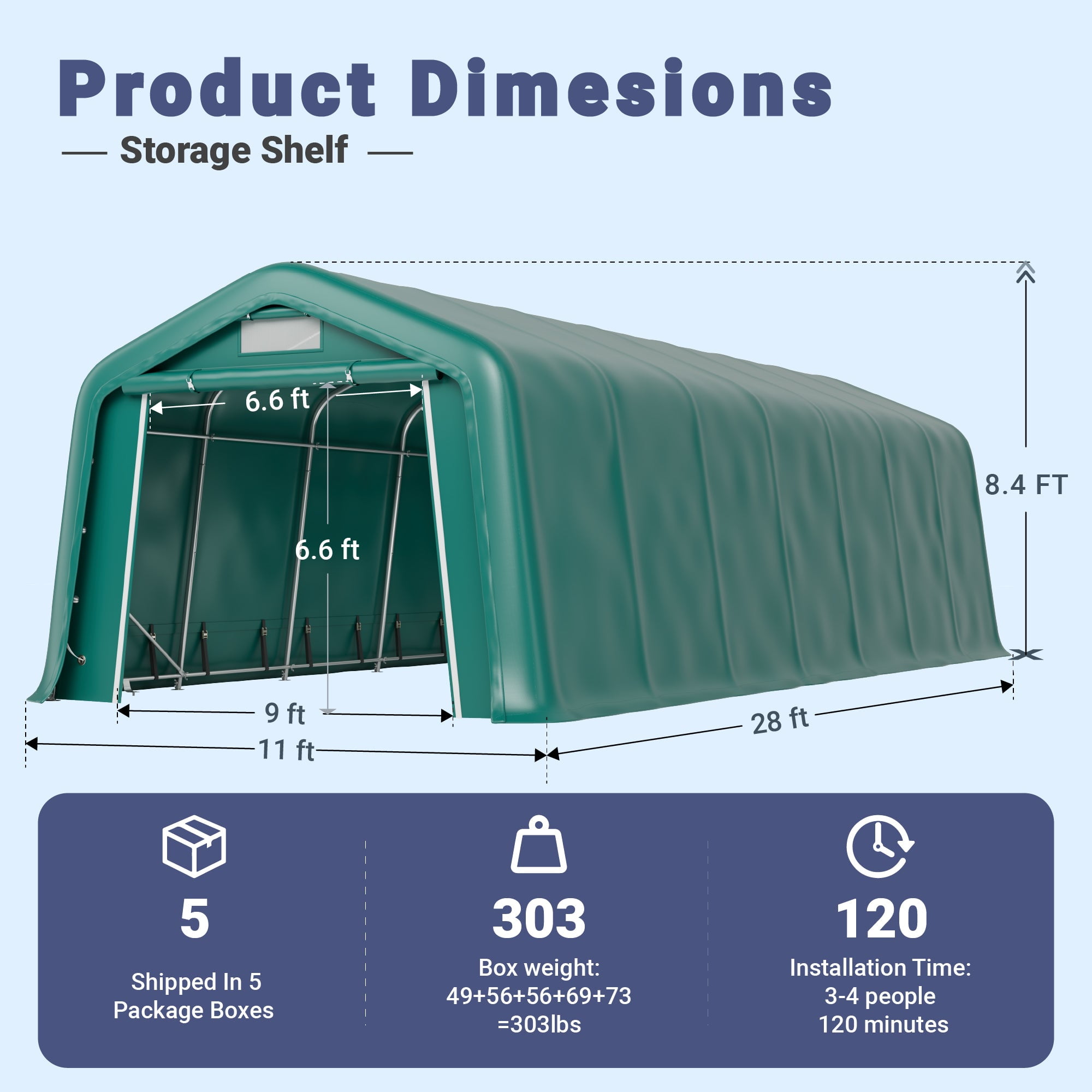 Summit Living 11 x 28 x 8.4 FT Green All-Weather Outdoor Portable Storage Shed, Steel Peak Style Canopy Carport, Agricultural Storage Shelter Tent