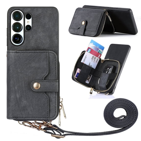 for Samsung Galaxy S26 Ultra Wallet Case, Crossbody Phone Purse with Card Holder for Women, Zipper PU Leather Carrying Cover Gift with Shoulder Strap Kickstand Anti-drop for S26 Ultra - Black