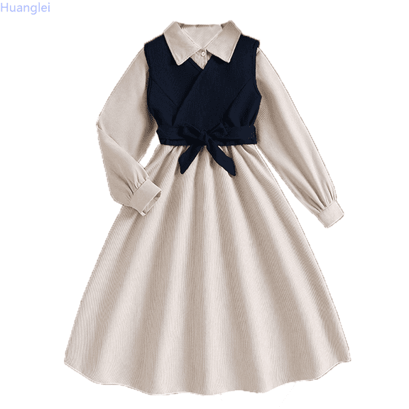 Huanglei Autumn Winter Girls Corduroy Dress With Detachable Vest And Sash Fashionable Long Sleeve Outfit For Toddler And Kids Stylish Layered For And Daily Wear Swing Dress 7-8 Years