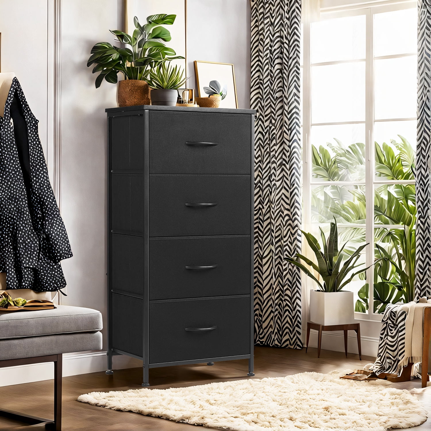 Simenmax 4 Storage Dresser for Bedroom, Wide Fabric Closet Chests Organizer Tower Furniture with Wooden Top Metal Frame for Clothes, Room, Living Room, Hallway, Entryway, Black