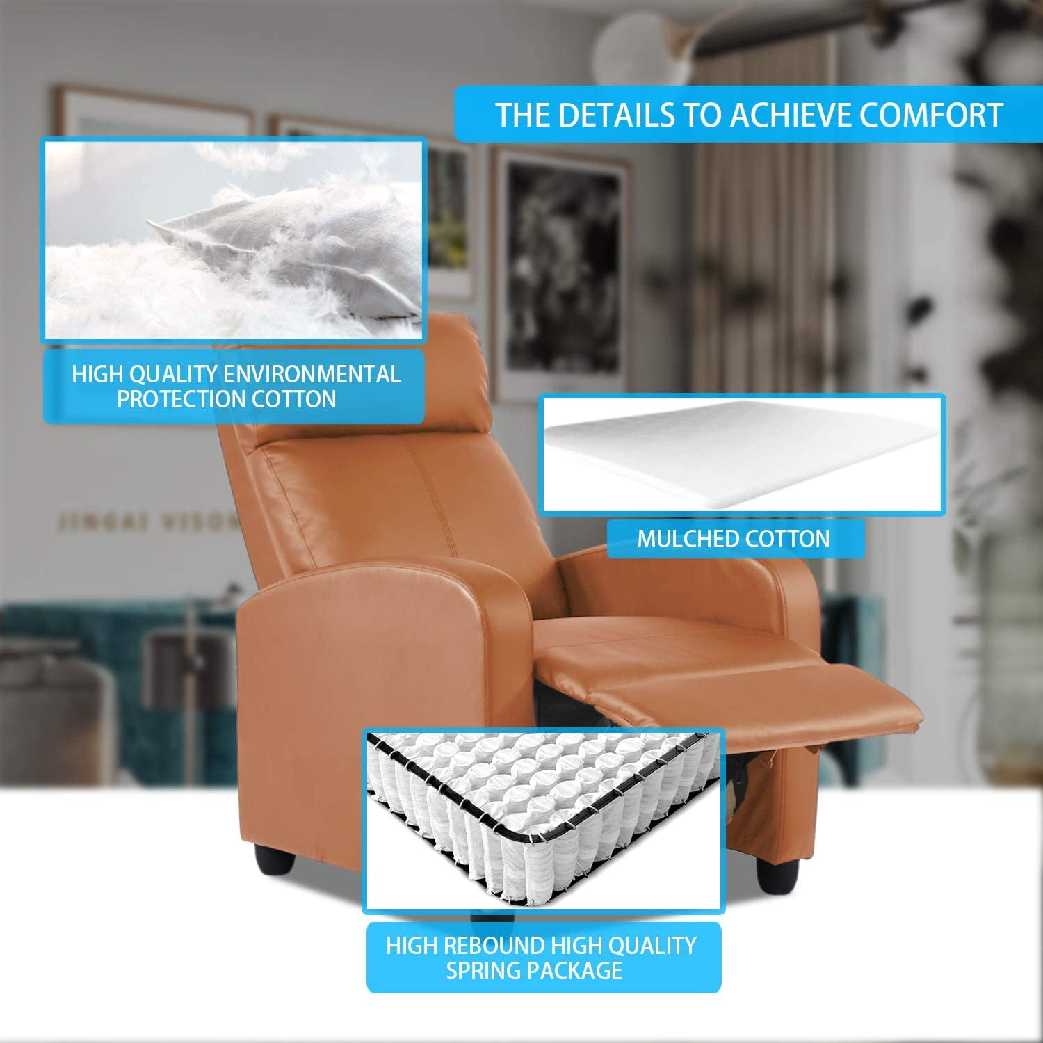 FDW Recliner Chair for Living Room Furniture Home Theater Seating Glider Chairs Modern Wingback Single Sofa PU Leather with Footrest (Tan)
