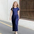 thumbnail image 2 of Toddler Spring Dress Girl's Short Sleeve Solid Color Loose Casual Long Maxi Dress Girls' Dresses Navy 4-5Years, 2 of 4