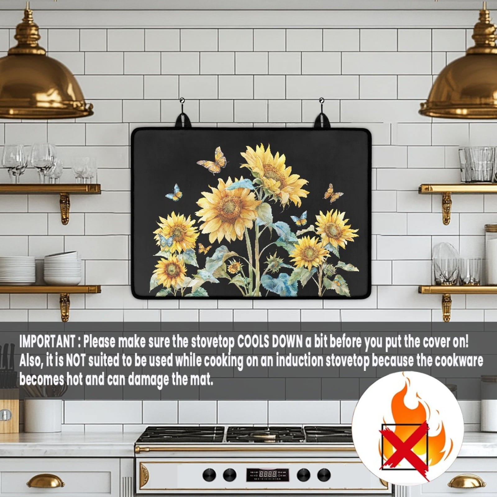 Renewold Stove Top Cover for Electric Stove, Non-skid Glass Electric Stove Top Mat, Induction Electric Stove Top Protector for Kitchen Counter Top, Sunflower Butterfly Black