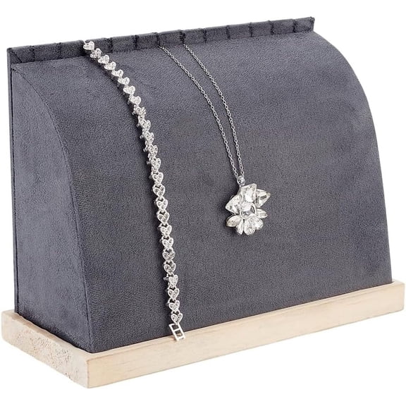 1 pc Gray Velvet Jewelry Display Stand for 11 Necklaces Velvet Necklace Holder Organizer Wood Pendant Chain Bracelet Showcase Curved Jewelry Display Stand for Vendors Retail Selling Storage