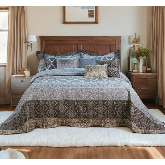 Home Soft Things 9 Piece Striped Bedspread Set - Floral Medallion - Oversize (122" x 106")