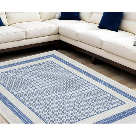 HomeRoots 551407 8 x 12 ft. Geometric Distressed Non Skid Rectangle Area Rug, Ivory & Blue