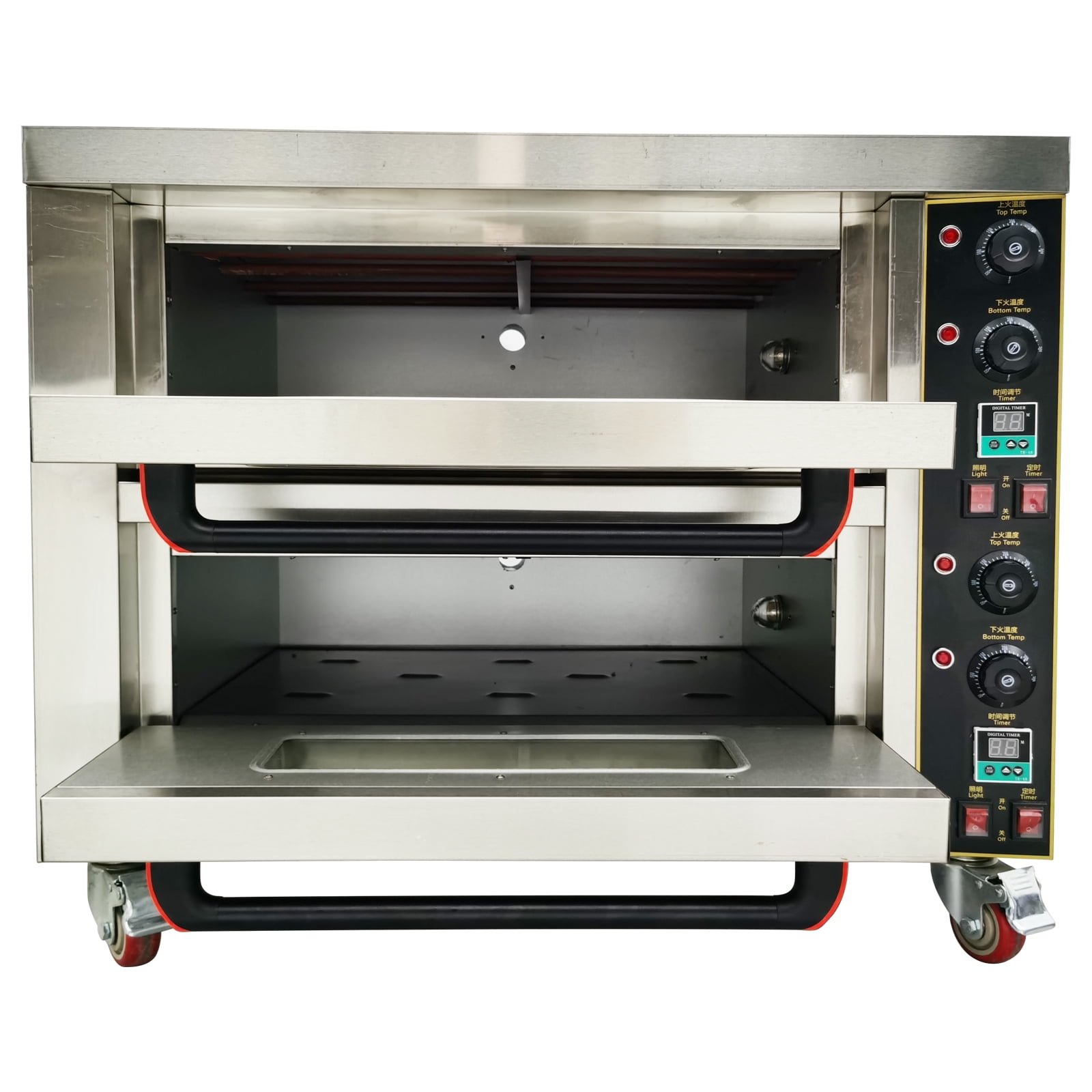 Commercial Double Deck Electric Pizza Oven with Wheels Dual Independent Temperature Control 220V 6.4 KW