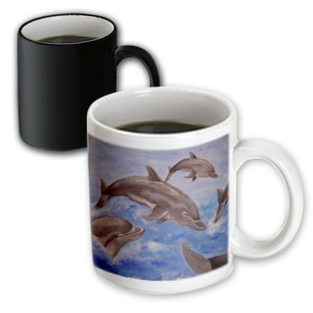 3dRose Dolphin Splash - animal, blue, cute, dolphin, dolphins, fish, mammals, Magic Transforming Mug, 11oz