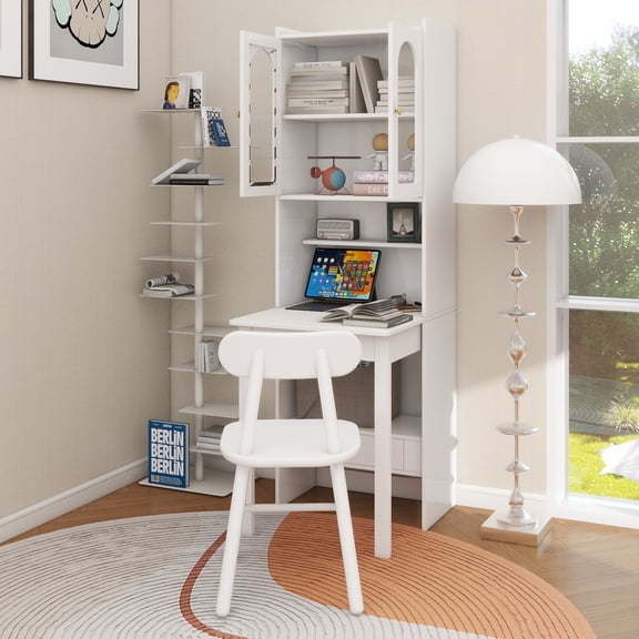 Fold-Out Convertible Writing Table, Desk Cabinet with shelf and drawer Multi-Function Home Office Workstation