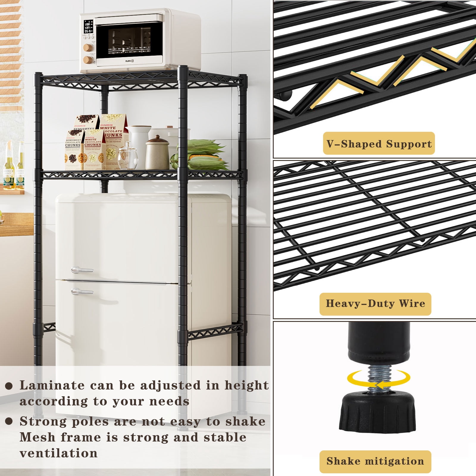Mini Fridge Stand Adjustable Height Storage Shelf Metal   Storage Rack Trash Can and Microwave Stand for Dorm, Kitchen,   Office, Apartment