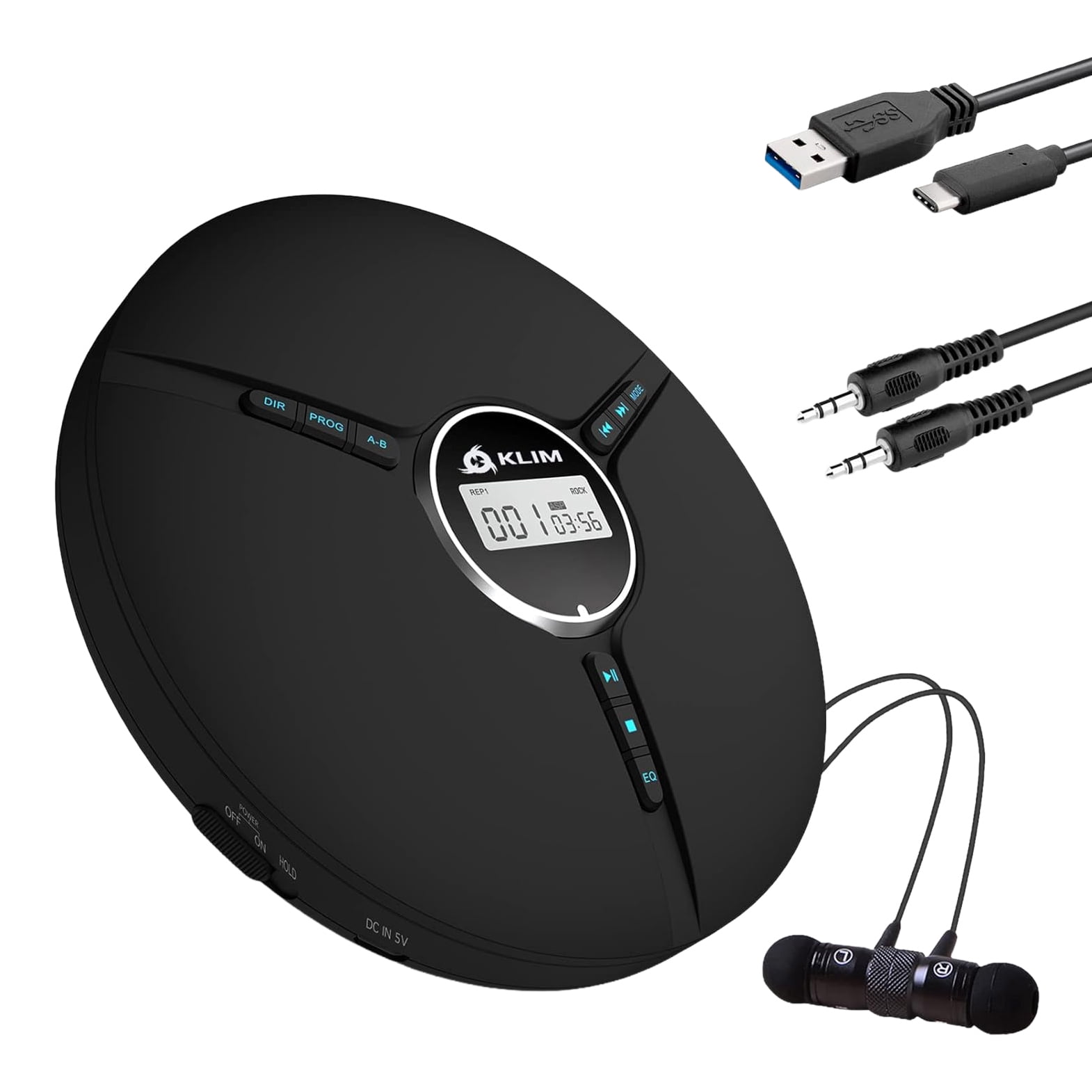 KLIM Discman Portable Compact CD Player with Built-in Battery, Includes Fusion Earphones.  MP3 CR-R/CD-RW Compatible, Black