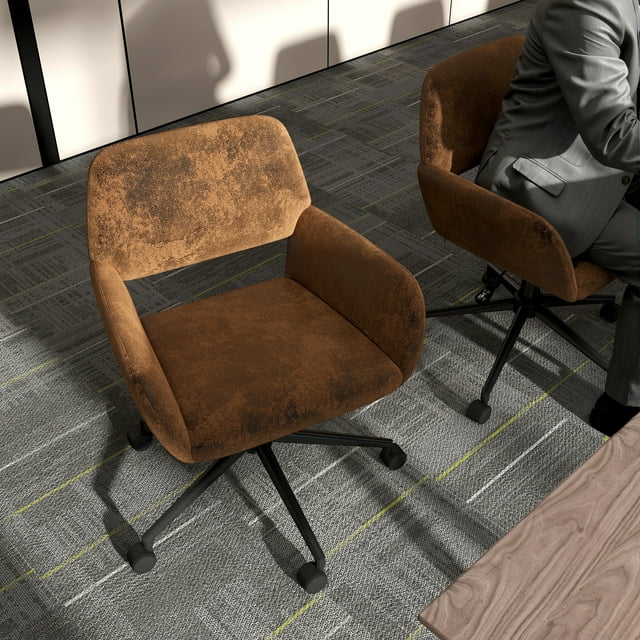 Homy Casa Ergonomic Task Chair, Faux Suede Office Chair with Adjustable Height, Swivel, and Movable Armrests, Brown
