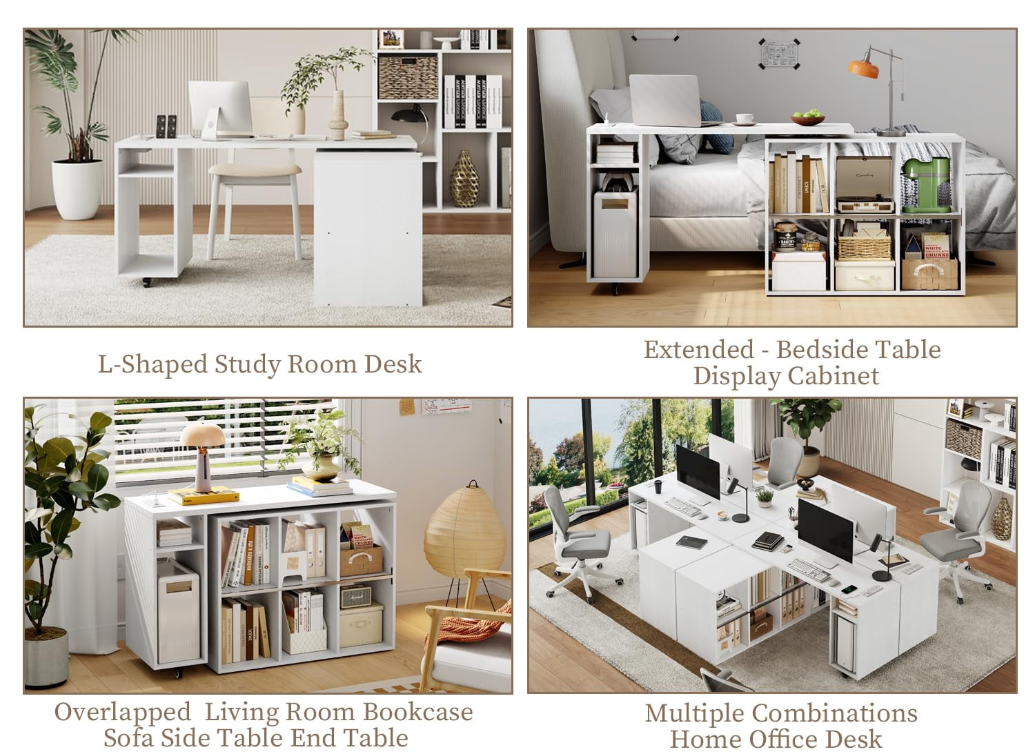 BOSHIRO L-Shaped Rotating Desk with Power Outlets & 6 Shelves – 360° Swivel Computer Table for Home Office (White)