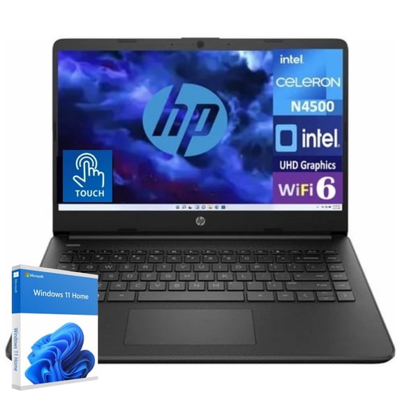 HP 14 Laptop, Intel Celeron N4500,14-inch Micro-Edge HD Touchscreen Display, Windows 11 Home S Mode, Thin & Portable, WiFi 6,Jet Black (4GB RAM | 64GB eMMC)