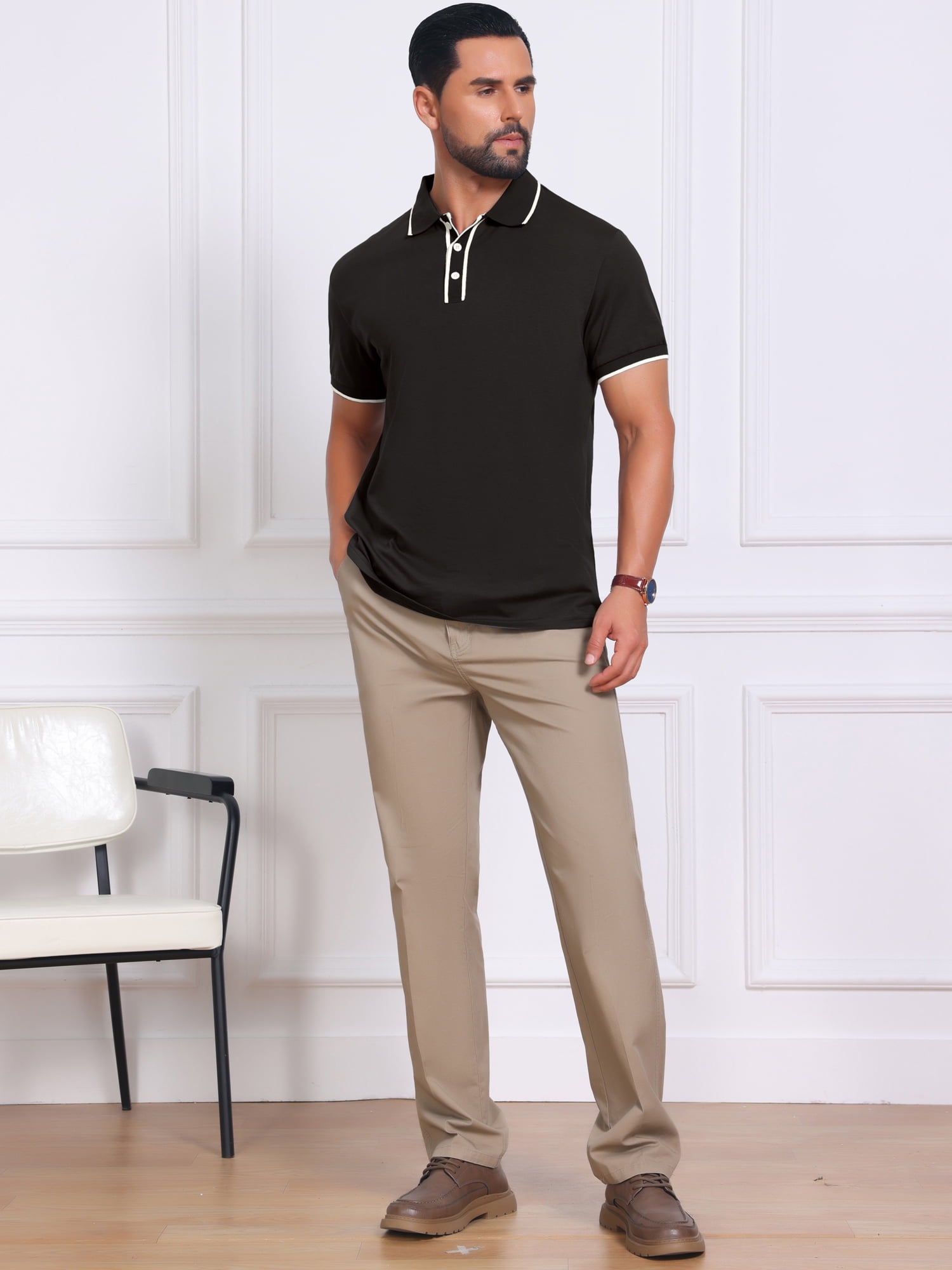 DARING DIVA Men's Contrast Trim Short Sleeve Button Closure Polo Shirts S Black