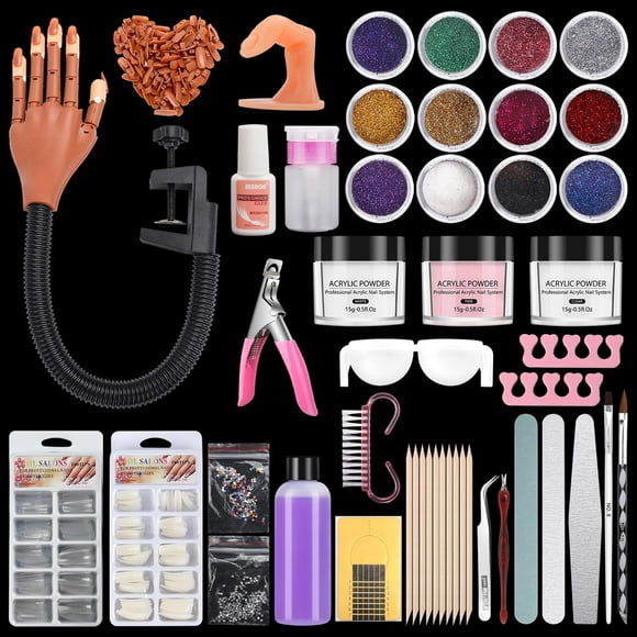 LIONVISON Mano de práctica para uñas acrílicas,Dedos de manos de práctica de uñas flexibles con kit de uñas acrílicas,Maniquí de uñas postizas Cepillo de polvo acrílico de mano Herramientas de decorac