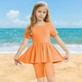 thumbnail image 2 of Loopsun Girls Summer Outfits, Toddler Kids Girls Fashion Solid Color Loose Soft Short Sleeve Top and Yoga Shorts Suit Orange 14-15 Years, 2 of 5
