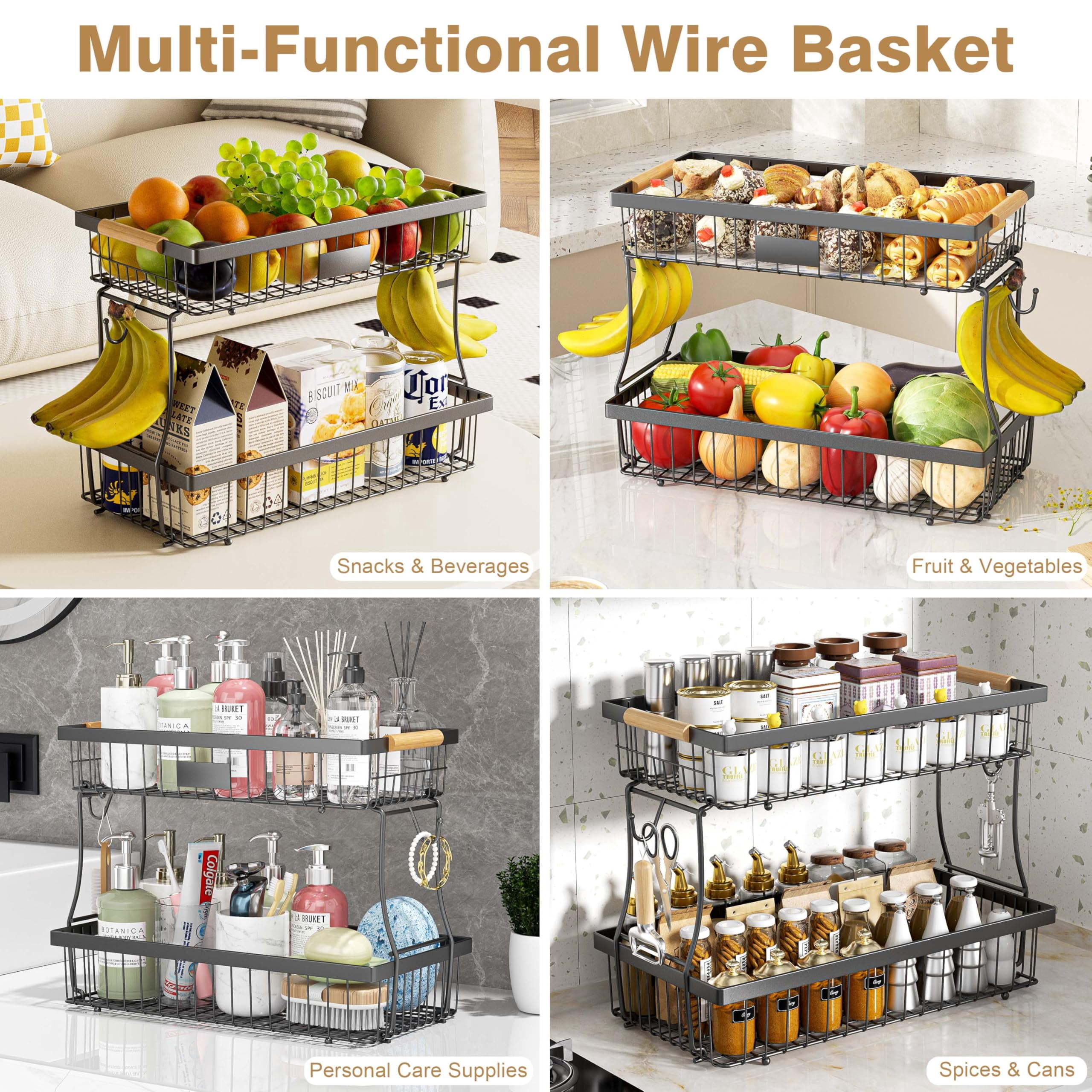 USIONE 2-Tier Detachable Metal Fruit Basket - Wooden Handle & 2 Banana Hangers, Extra Large for Kitchen Counter - Black