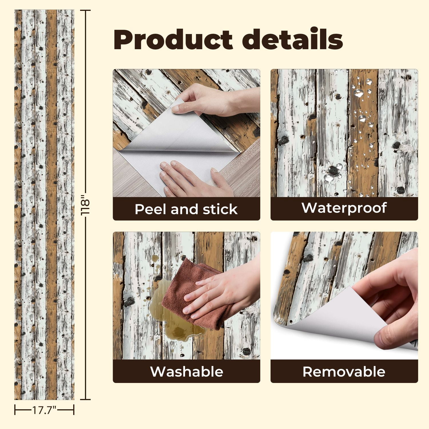 Vintage Peel and Stick Wallpaper Rustic Wooden Planks White Brown Distressed Finish Wall Mural 17.7in x 9.8ft Self Adhesive Removable Wall Paper Renter Friendly Wallpaper for Bedroom Cabinets