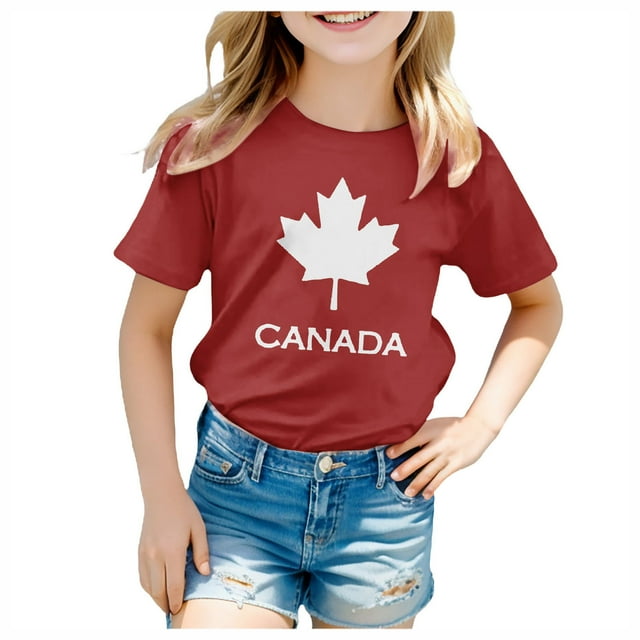 GDREDA Canada T-Shirt Drapeau Imprimé Filles T-Shirt à Manches Courtes d'Été Col Rond T-Shirt Coupe Décontractée T-Shirts Basiques
