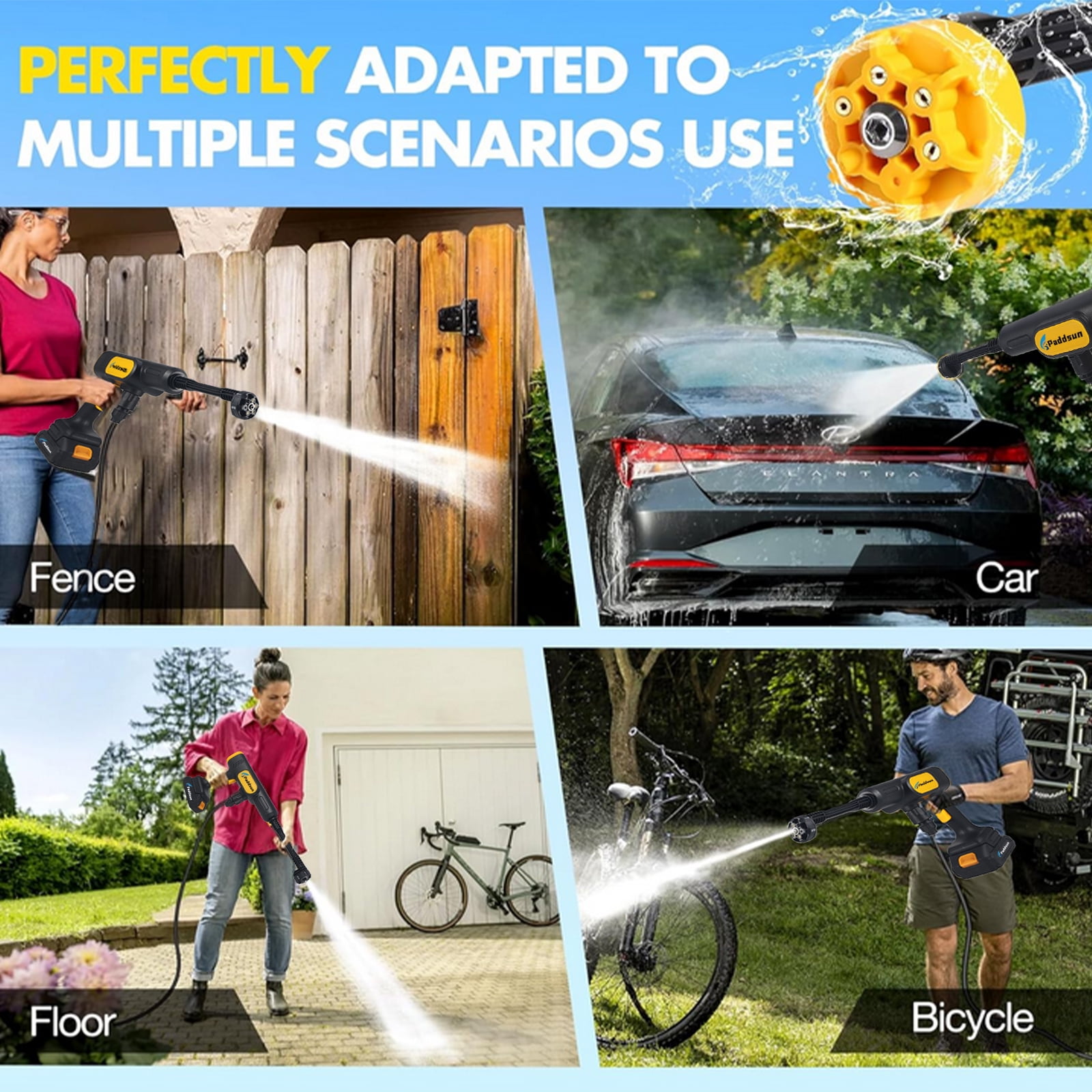 Paddsun Cordless Pressure Washer,  870PSI 21V Portable Pressure Washer 6-in-1 Nozzle Handheld Car Washer Power Cleaner for Car Patio Floor