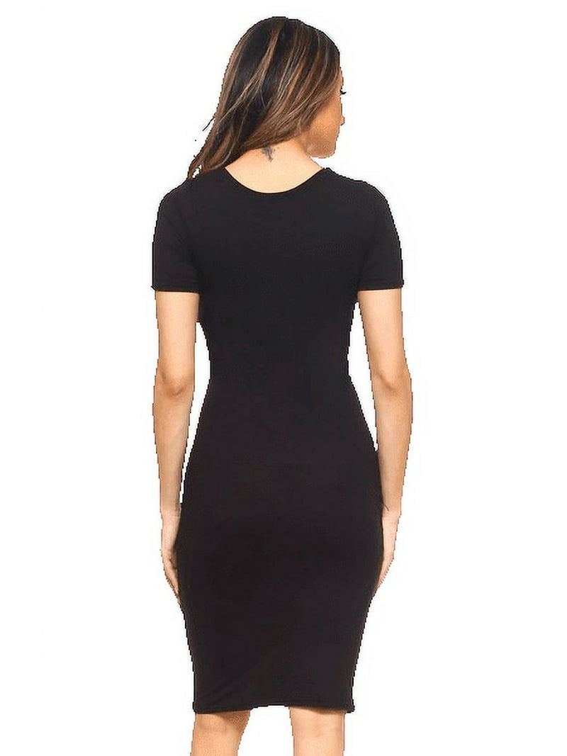 Yelete Short Sleeve Crew Neck Midi Bodycon Dress, Black S Yelete Short Sleeve Crew Neck Midi Bodycon Dress, Black S