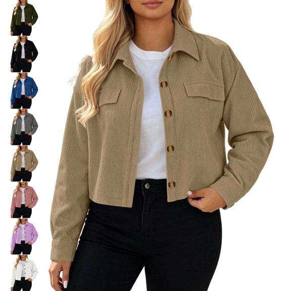TGSLY Women's Corduroy Cropped Jacket Collared Button-Down Solid Color Coat Loose Dressy Casual Long Sleeve Crop Jackets Tops XL