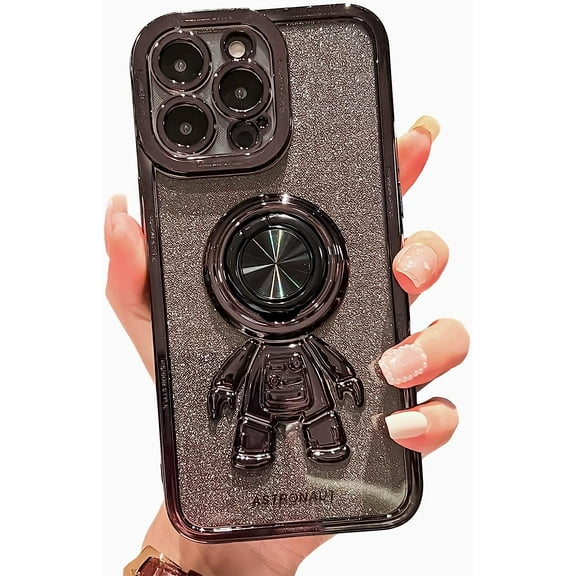 Astronaut Phone Case for iPhone 14 Pro Max Glitter,Luxury Bling Sparkly Shiny Clear Plating Case with Hidden Stand Ring Holder Soft Cover for Women Girly,Black Bling,6.7 Inch