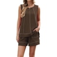 thumbnail image 3 of Women'S Two Piece Short Sets Sleeveless Tank Tops Drawstring Elastic Waist Shorts with Pockets Dark Brown XL, 3 of 9