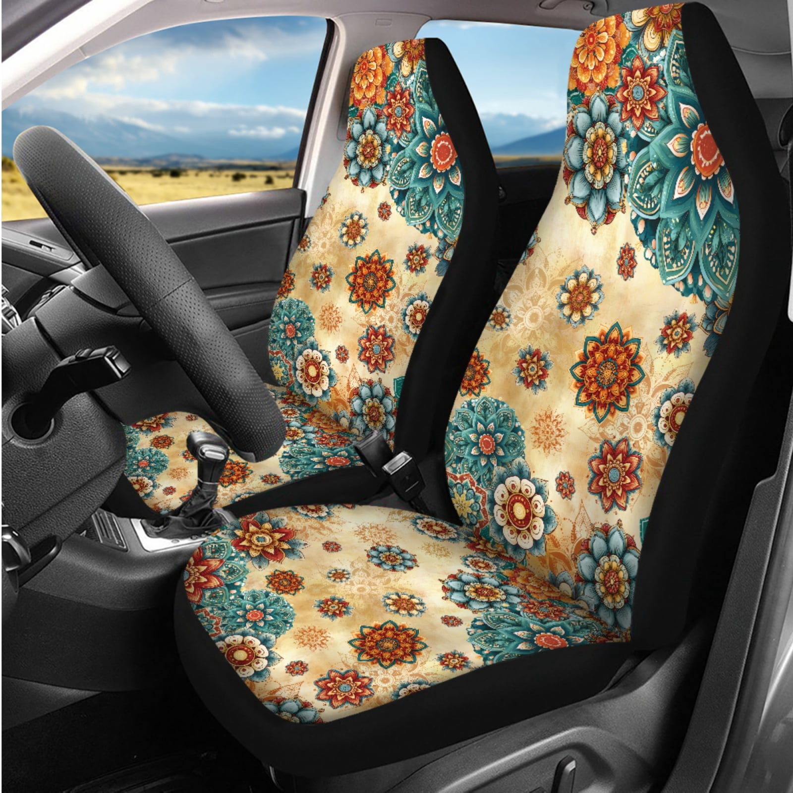 Binienty Boho Dahlia Floral Vehicle Seat Covers Full Set with 15 Inch Steering Wheel Cover Center Console Cushion Seat Belt Covers Coasters Automotive Interior Decor Set 14 PCS​