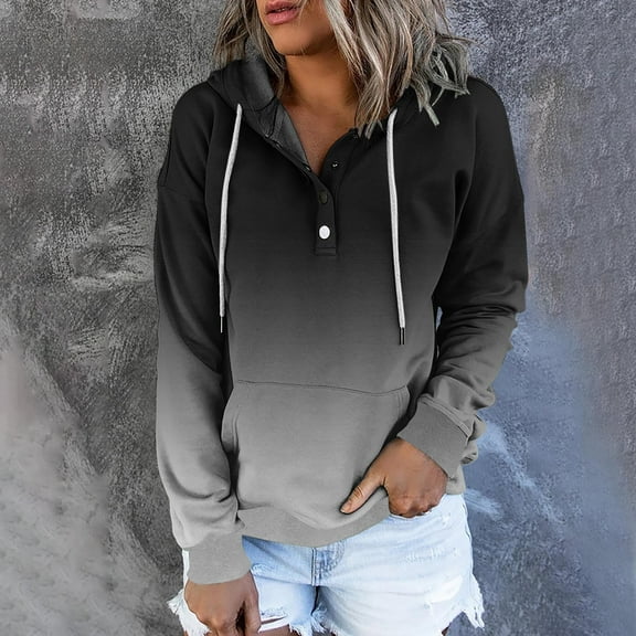 Pntutb Womens Fashion Print Pocket Long Sleeve Blouse Casual Tops Sweatershirt Button Hoodies