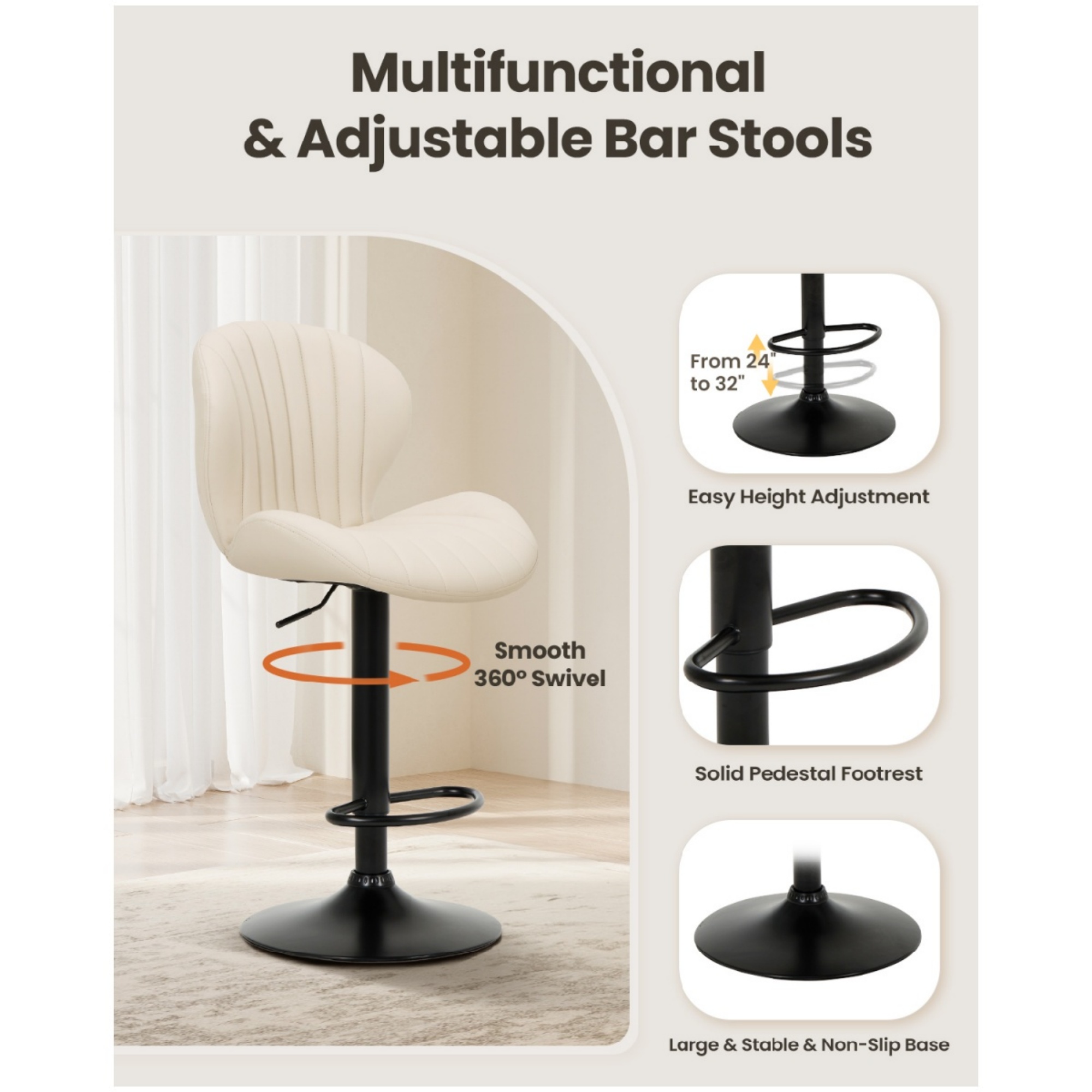 EOP Swivel Bar Stools Set of 4, Modern Upholstered Adjustable Height Counter Stools with Footrest, Faux Leather Upholstered BarStools with Metal Frame, Bar Chairs with Backrest, Beige
