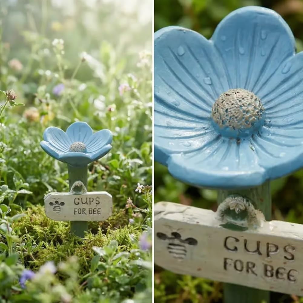 Flower-Shaped Ceramic Bee Watering Station, Hummingbird Feeder with Flower Design, Outdoor Pollinator Water Bowl with Textured Center, Bee Pollinator Feeder Drinking Cup with Stake Base(Blue)