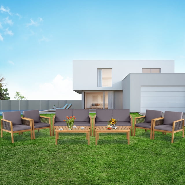 Gymax 8PCS Patio Conversation Acacia Wood Furniture Set PE Rattan Conversation Set w/ Grey Cushions