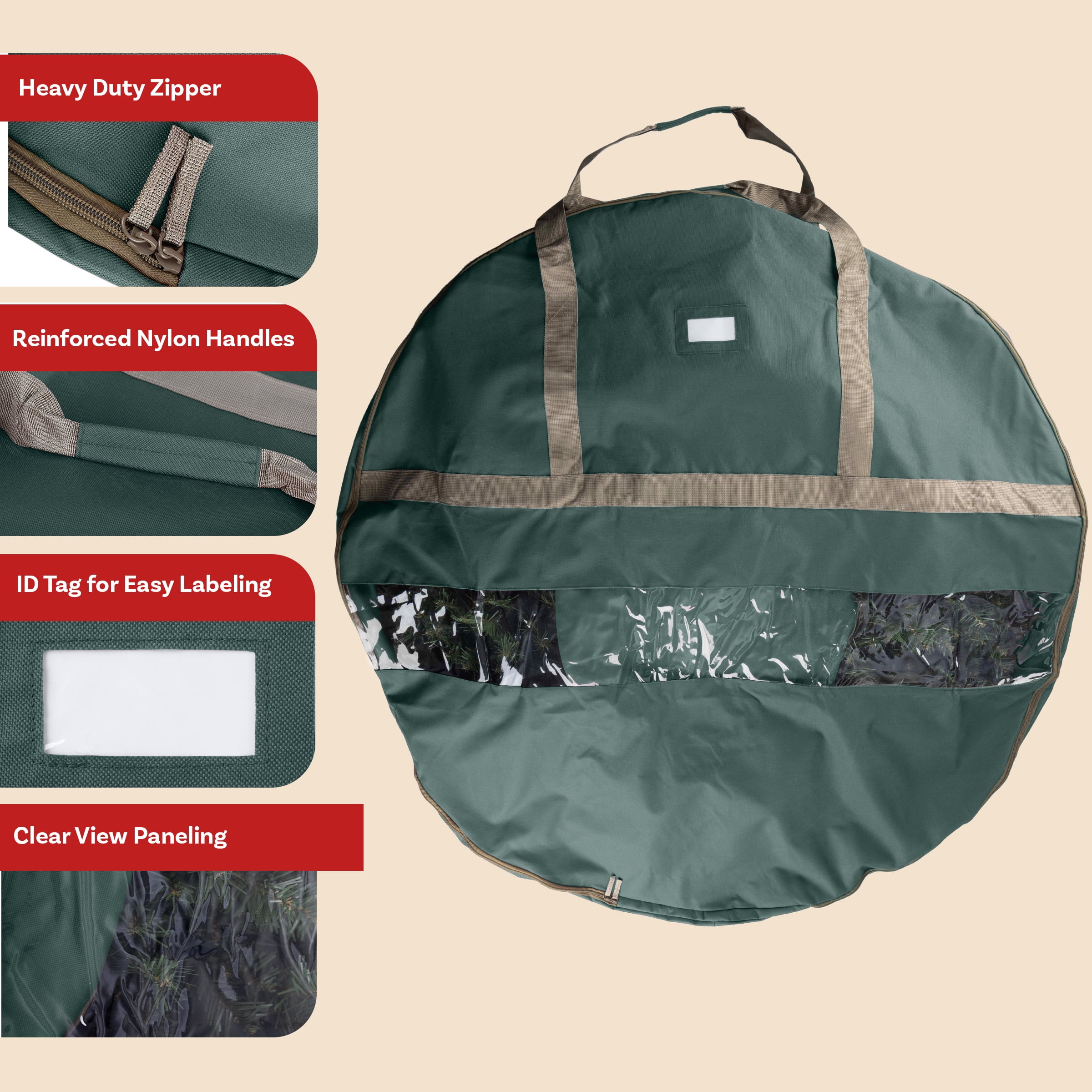 Elf Stor 48" Wreath Storage Container with Interior Compartment, Heavy-Duty Canvas Holder, Green